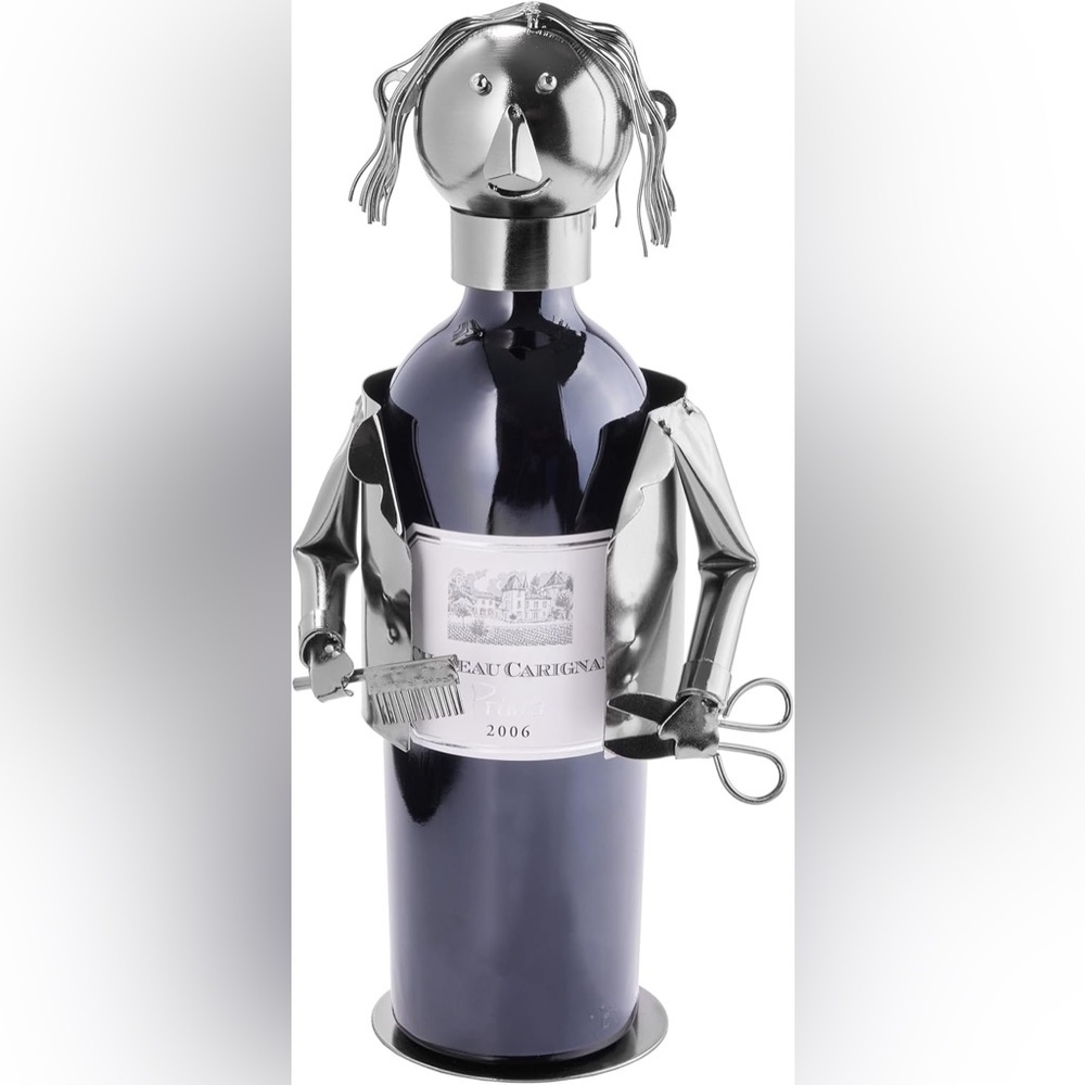 Wine Bottle Holder Hair Stylist - Metal Sculpture Bottle Stand - grey1